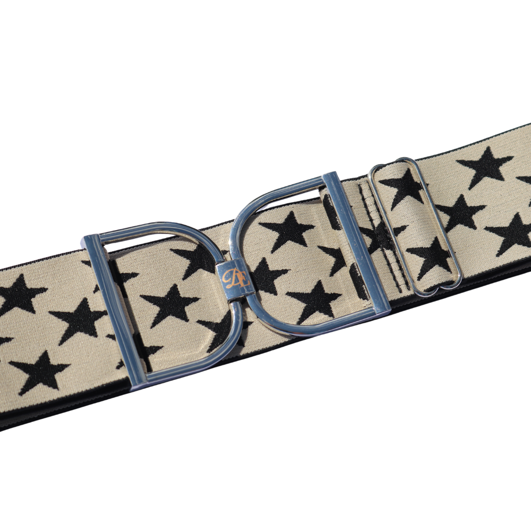 Cream with Black Stars Comfort Fit Belt Silver Stirrups | Divine Equestrian Affordable Elastic Riding Belts