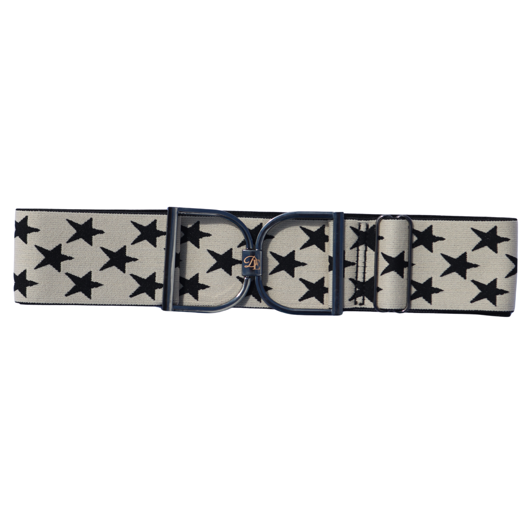 Cream with Black Stars Comfort Fit Belt Black Stirrups | Divine Equestrian Affordable Elastic Riding Belts