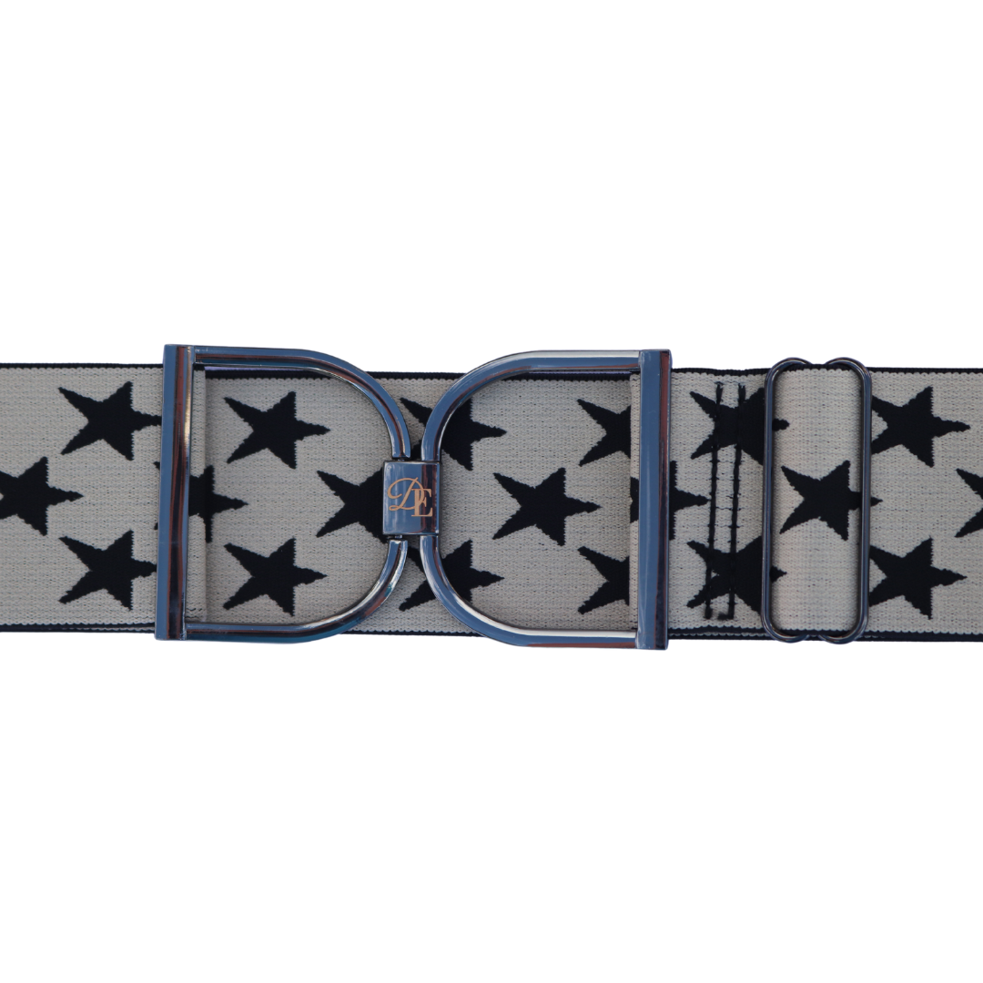 Cream with Black Stars Comfort Fit Belt Gunmetal Stirrup | Divine Equestrian Affordable Elastic Riding Belts