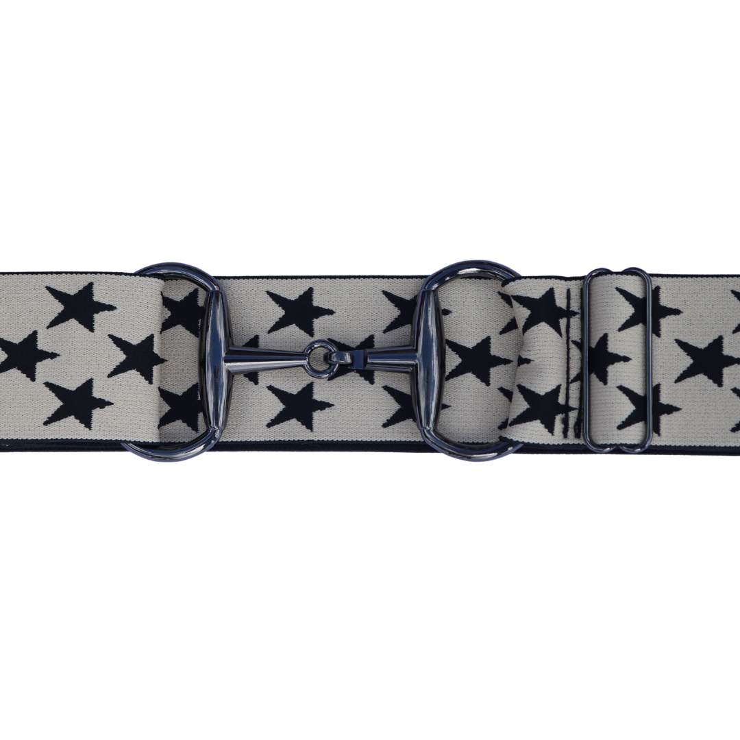 Cream with Black Stars Comfort Fit Belt Gunmetal Snaffle | Divine Equestrian Affordable Elastic Riding Belts