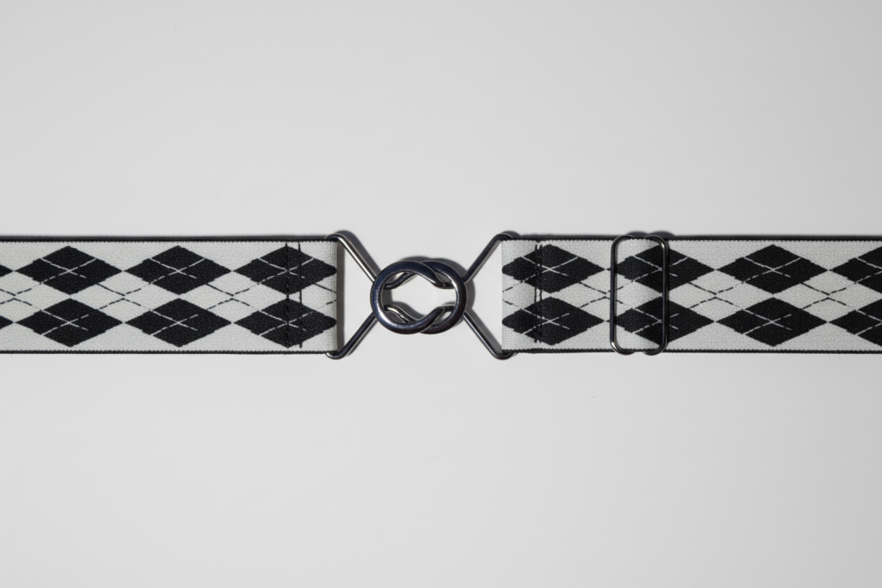 Black and white checkered belt with a decorative buckle on a white background
