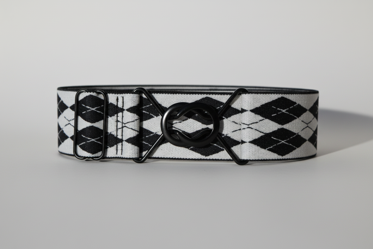 Black and white checkered belt with a silver buckle on a white background