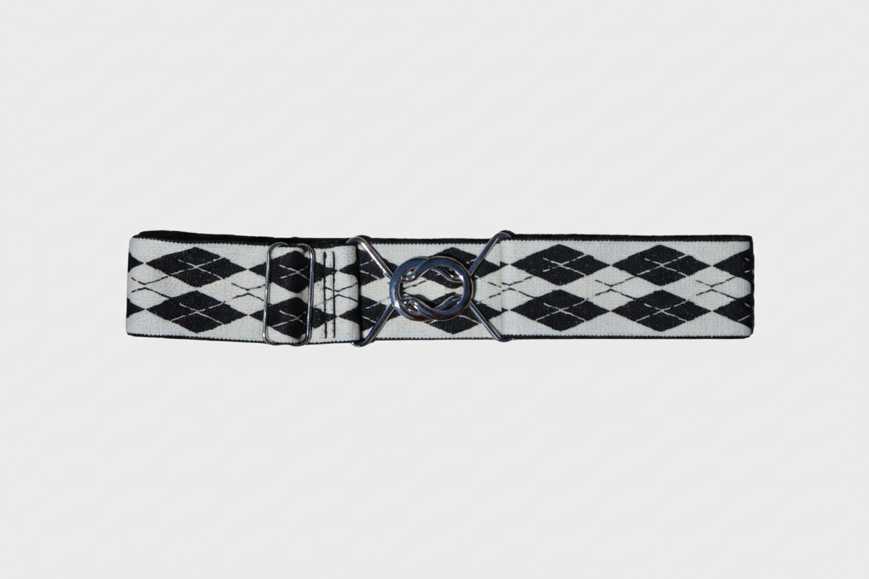 Black and white checkered belt with a silver buckle on a white background