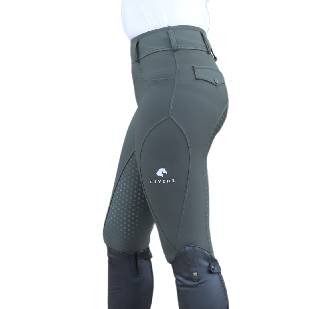 Forest Green Comfort Grip Leggings Side View | Divine Equestrian Affordable Riding Pants
