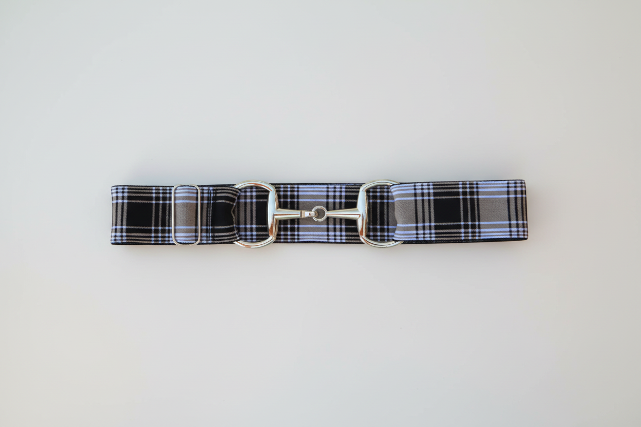 Plaid belt with a silver buckle on a light gray background