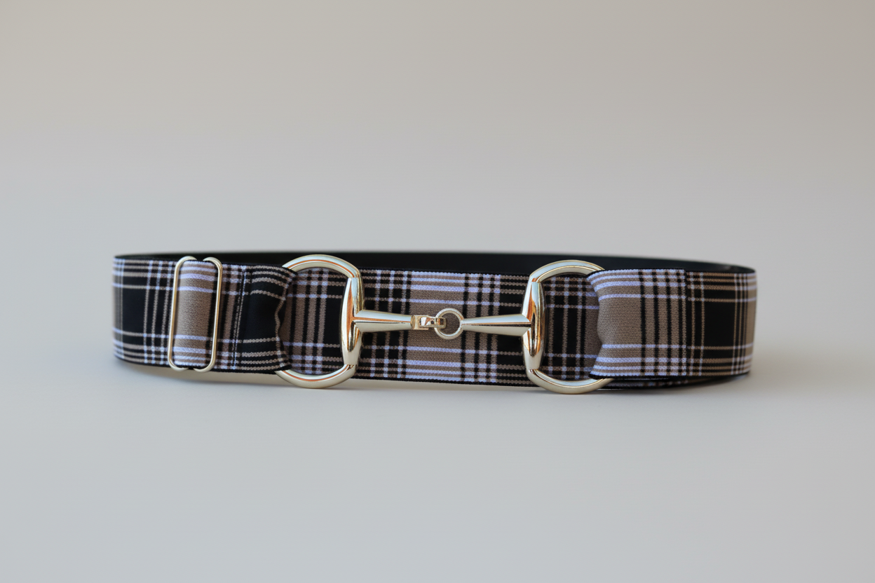 Plaid elastic belt with a gold snaffle bit on a white background
