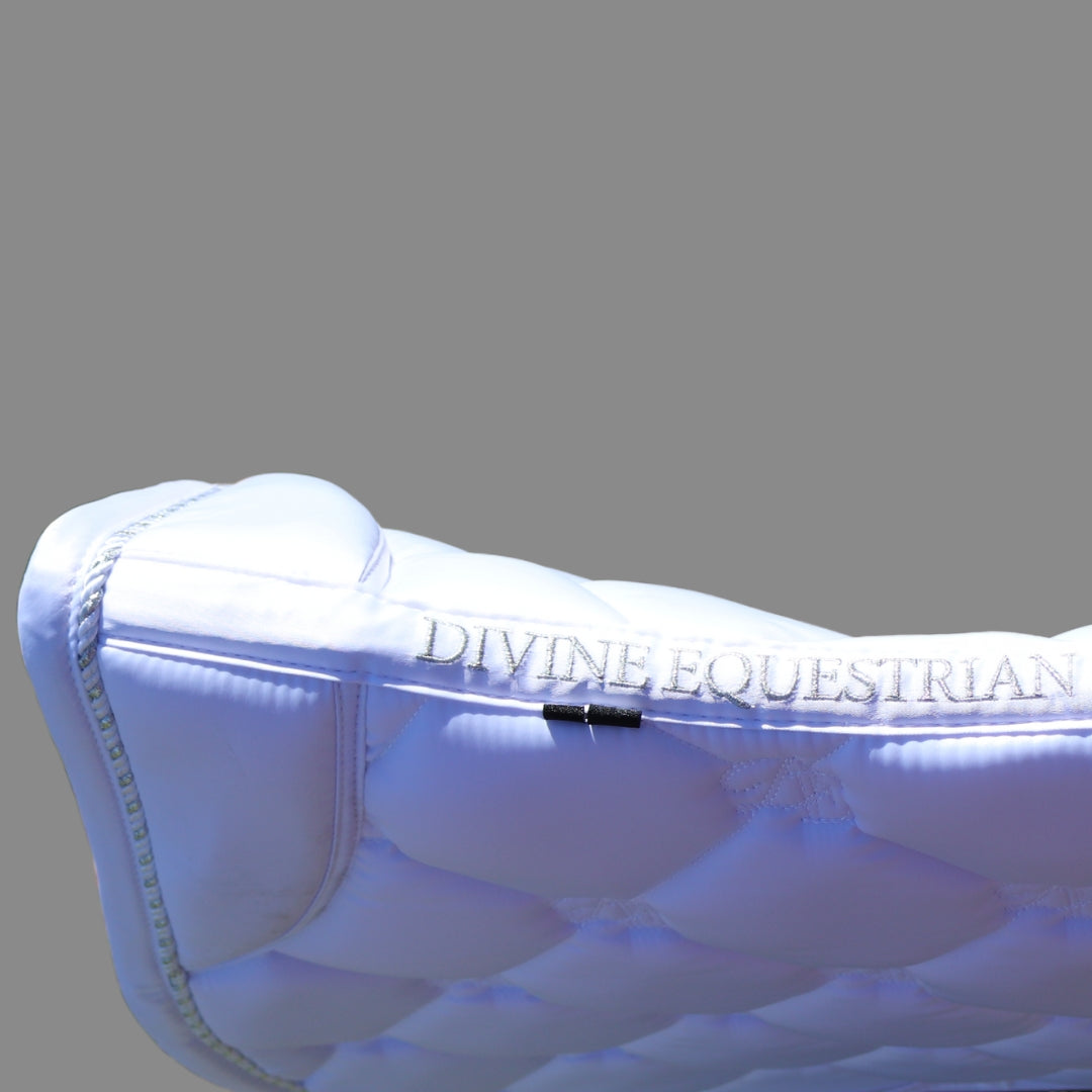 White Sovereign Saddle Pad Signature Embroidery | Divine Equestrian Affordable Saddle Pad