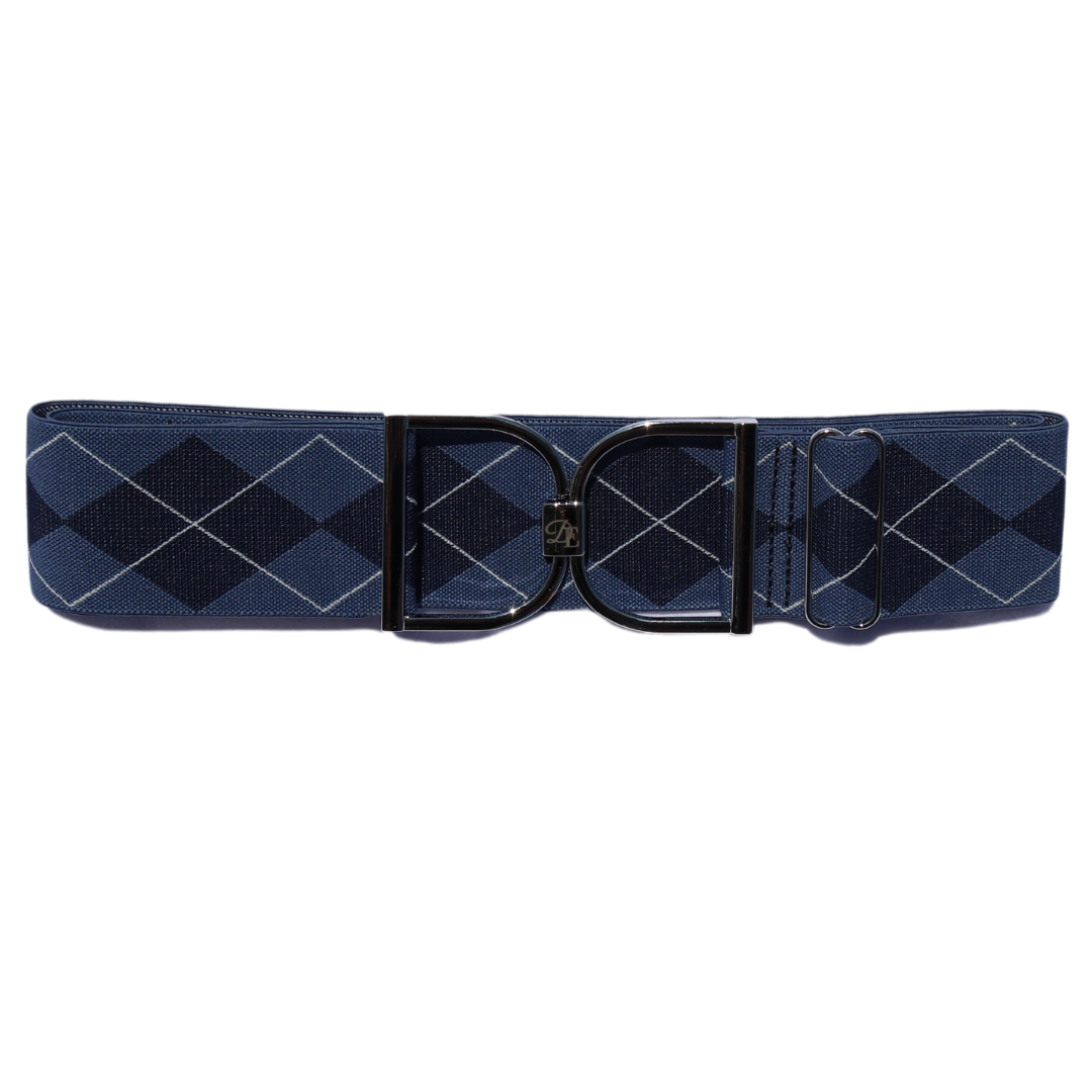 Blue Argyle Comfort Fit Belt with Black Engraved "DE" Stirrup