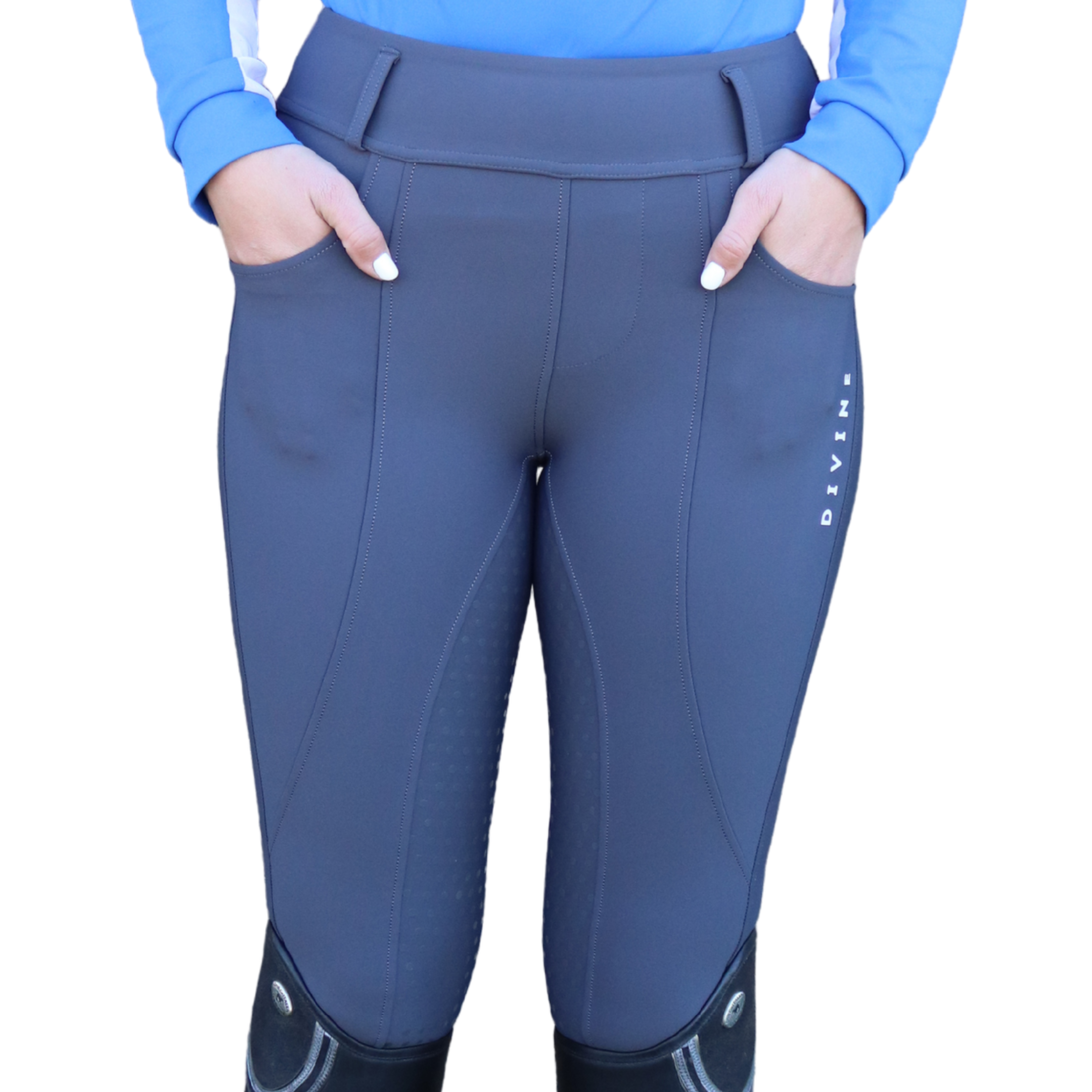 Gray riding pants with a logo on a white background