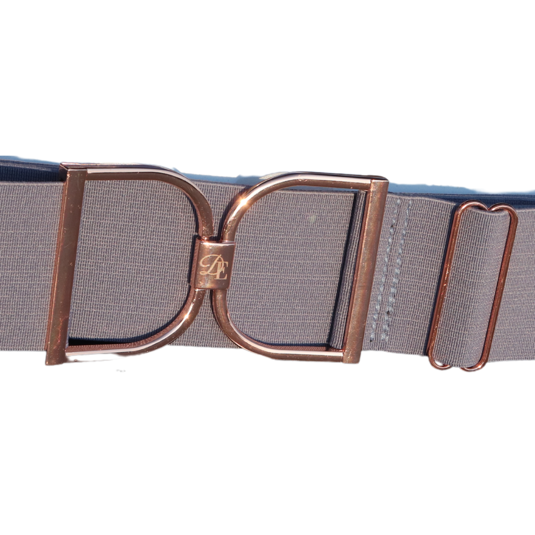 Misty Gray Comfort Fit Belt with Rose Gold Engraved "DE" Stirrup