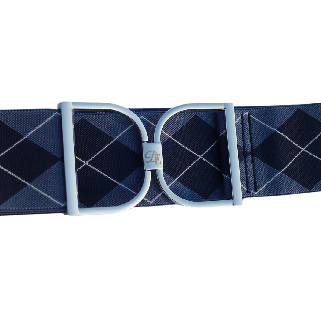 Blue Argyle Comfort Fit Belt with Silver Engraved "DE" Stirrup