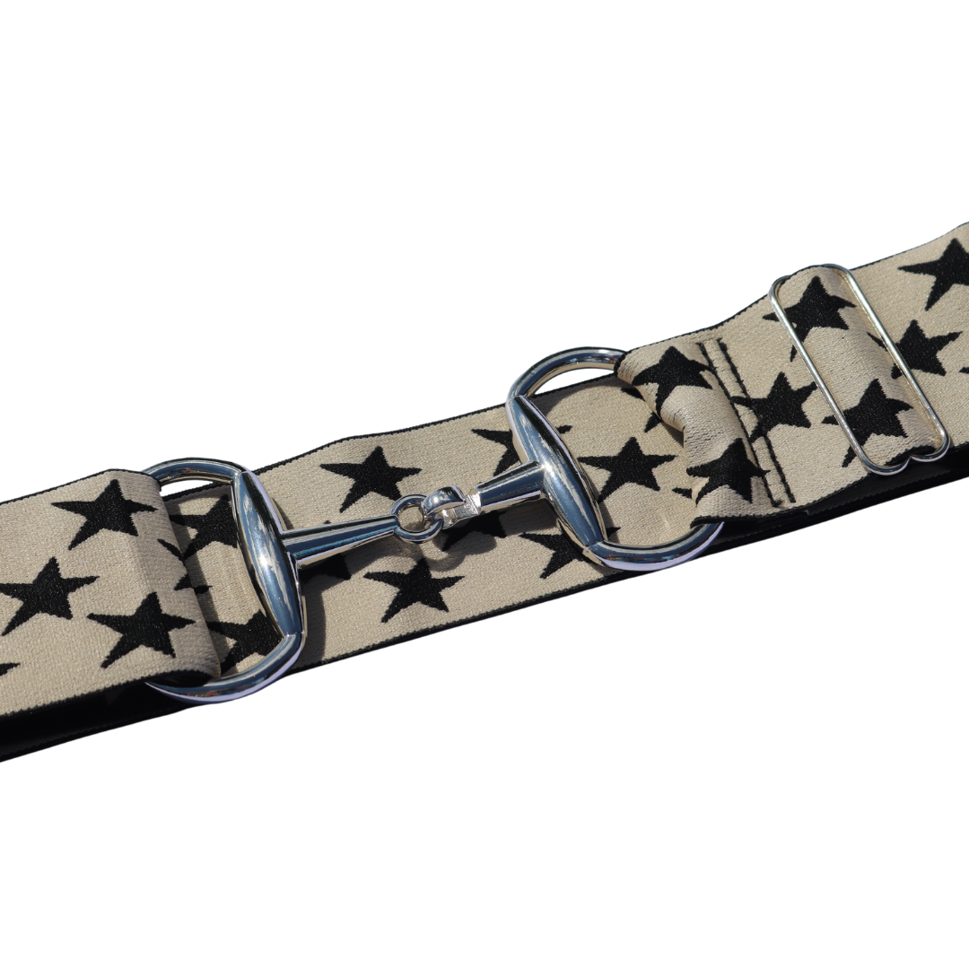 Cream with Black Stars Comfort Fit Belt Silver Snaffle | Divine Equestrian Affordable Elastic Riding Belts