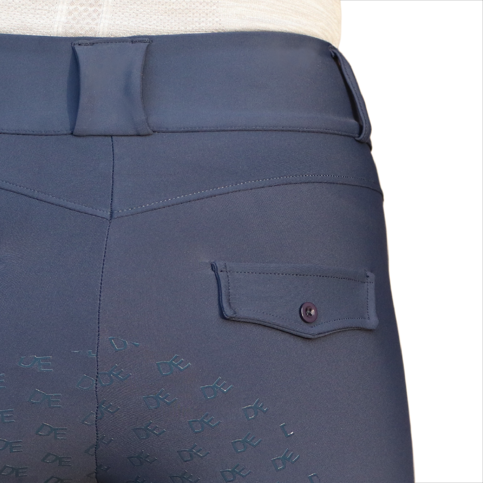 Navy Dignified Competition Breeches Back Zoomed In | Divine Equestrian Affordable Riding Pants