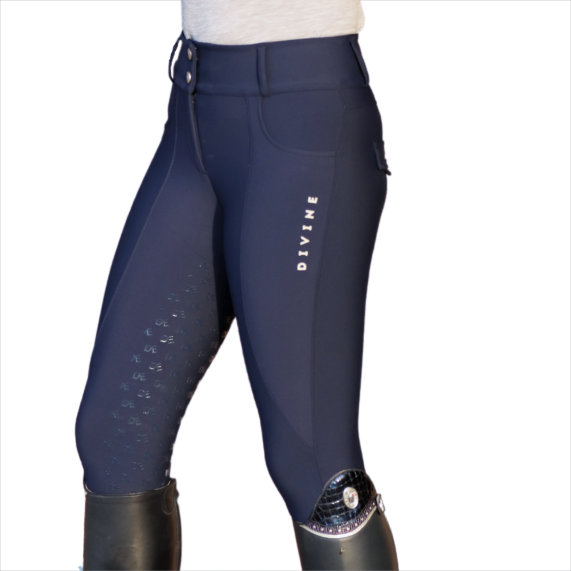 Navy Dignified Competition Breeches Side View | Divine Equestrian Affordable Riding Pants