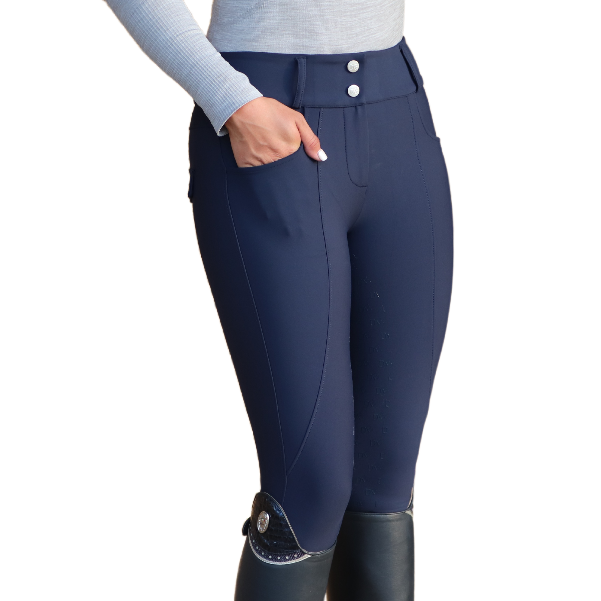Navy Dignified Competition Breeches Side Pocket View | Divine Equestrian Affordable Riding Pants
