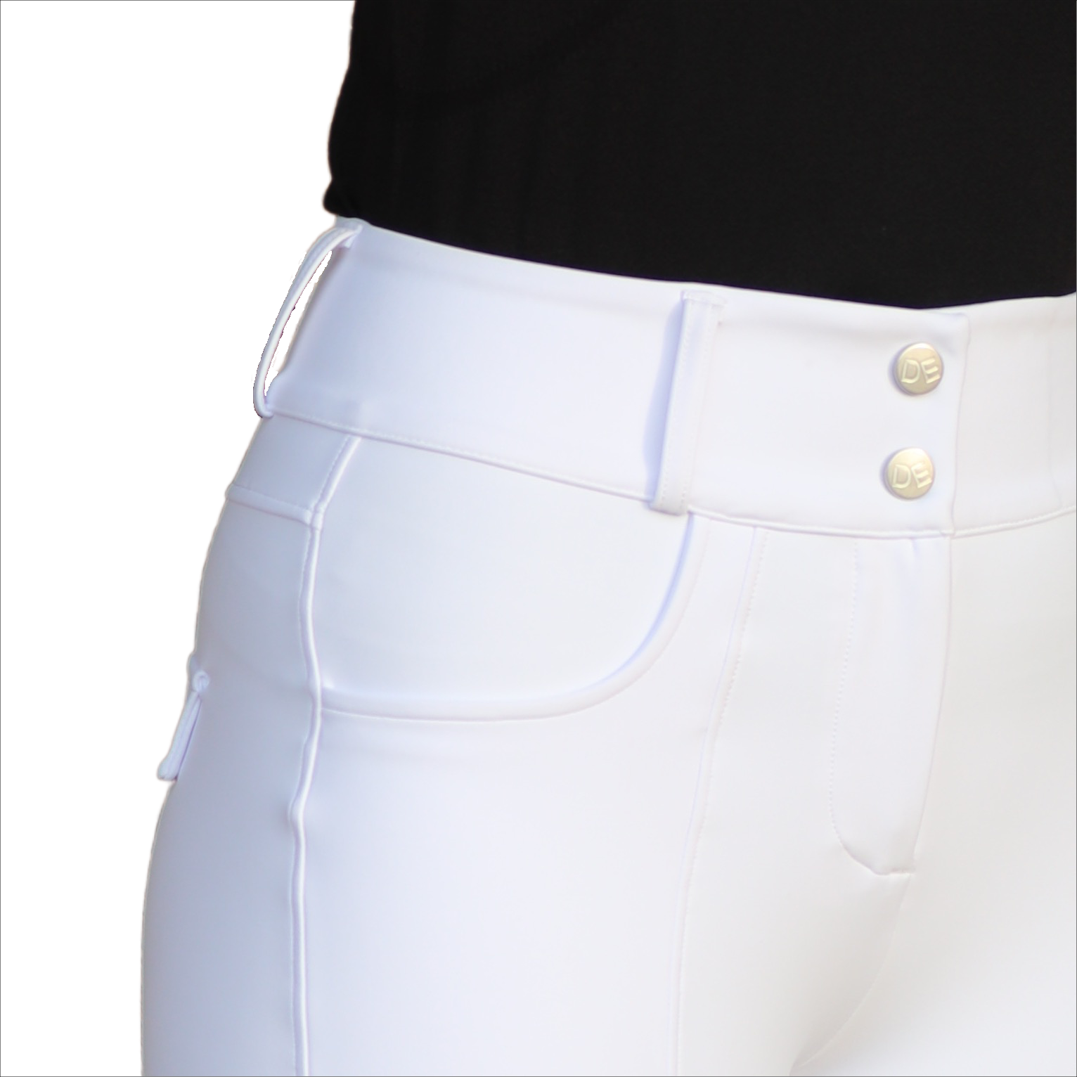 White Dignified Competition Breeches Front Button View | Divine Equestrian Affordable Riding Pants