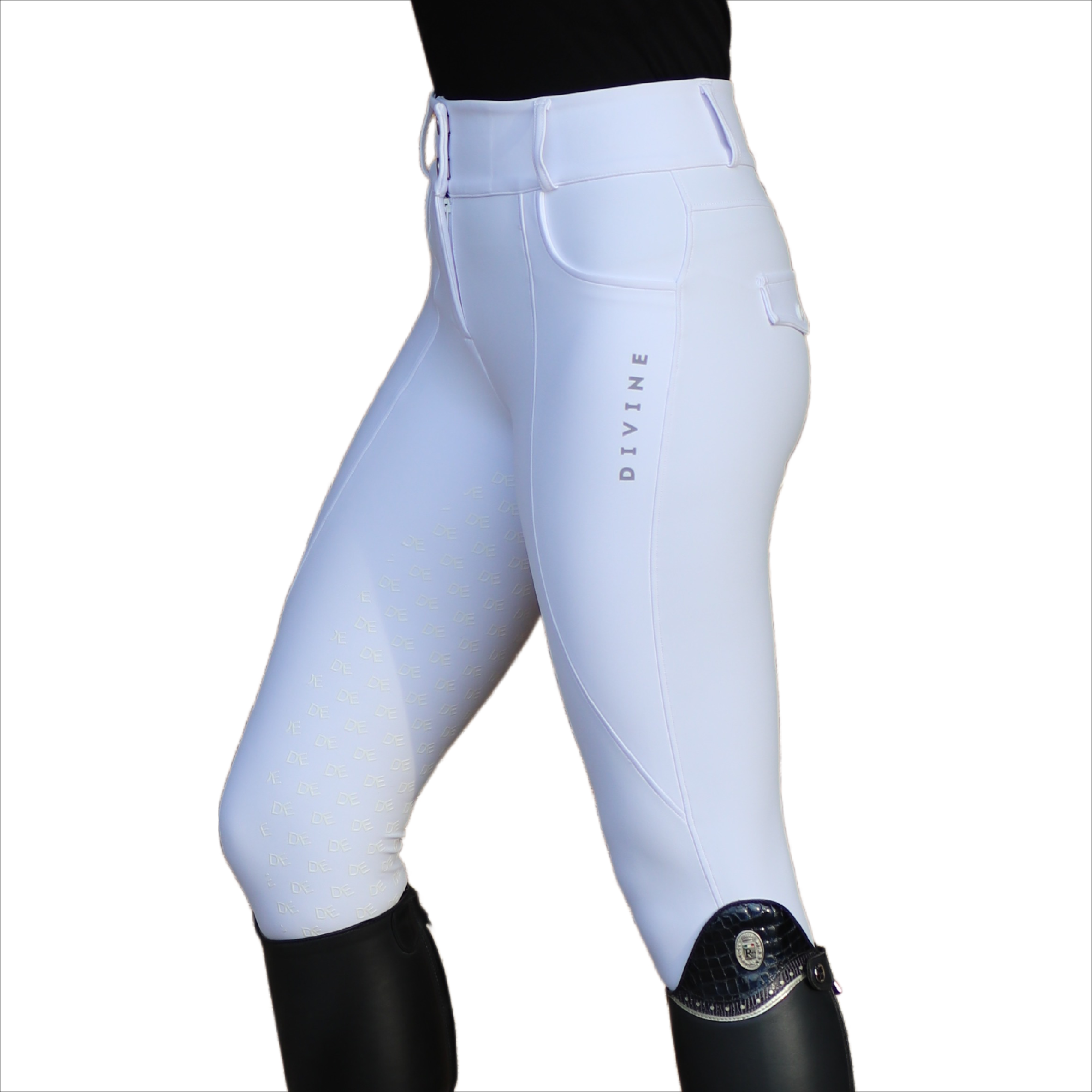 White Dignified Competition Breeches Side View | Divine Equestrian Affordable Riding Pants