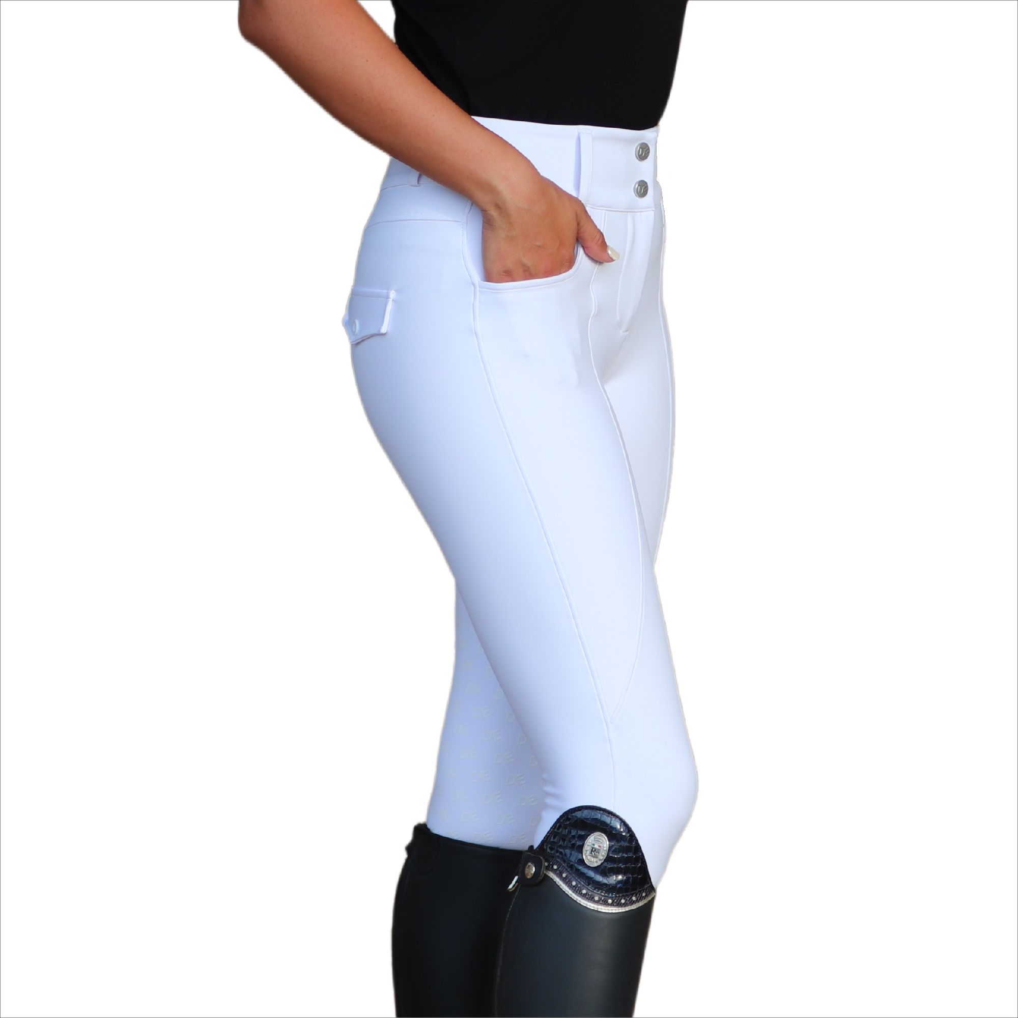 White Dignified Competition Breeches Side Pocket View | Divine Equestrian Affordable Riding Pants
