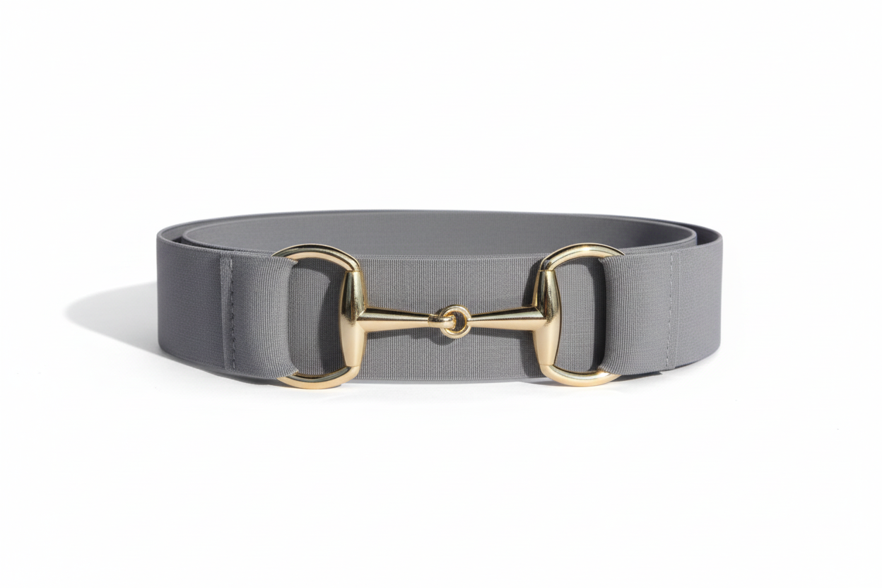 Gray Comfort Fit Belt Gold Snaffle Zoomed In | Divine Equestrian Affordable Elastic Riding Belts