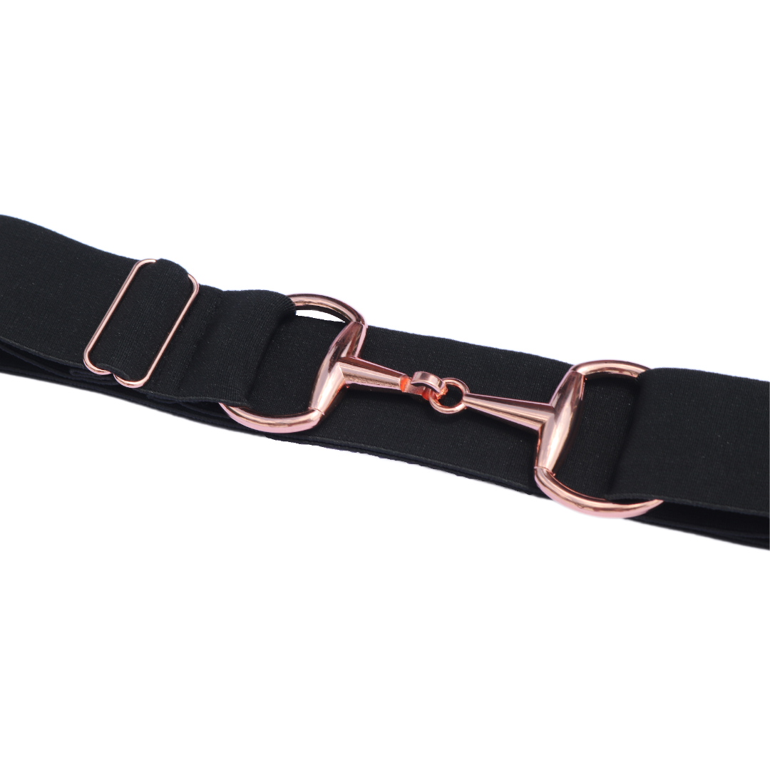 Black Comfort Fit Belt Rose Gold Snaffle | Divine Equestrian Affordable Elastic Riding Belts