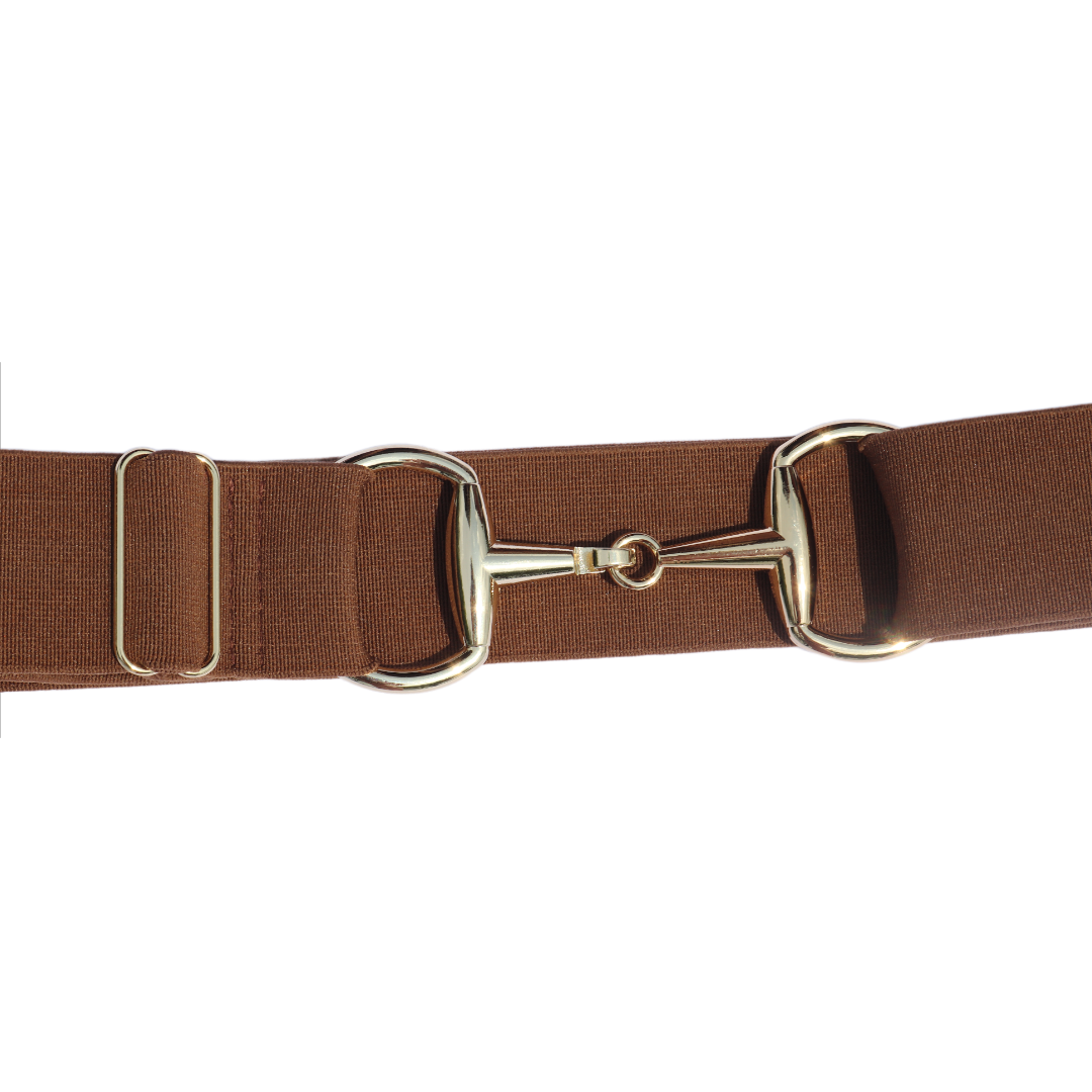 Brown Comfort Fit Belt Gold Snaffle Zoomed In | Divine Equestrian Affordable Elastic Riding Belts