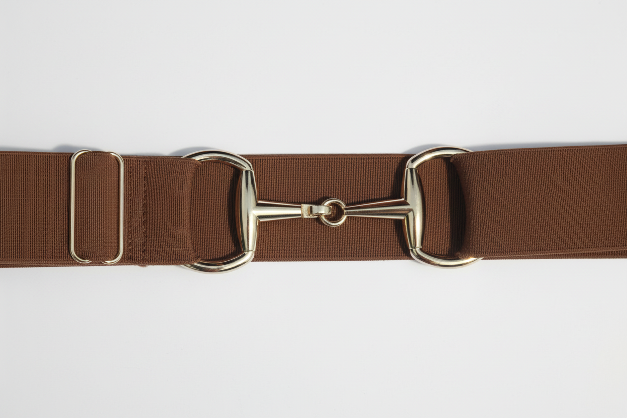 Brown Comfort Fit Belt Gold Snaffle Zoomed In | Divine Equestrian Affordable Elastic Riding Belts