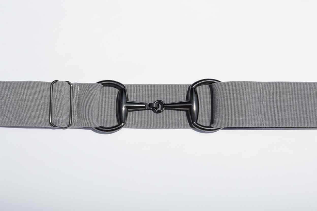 Gray Comfort Fit Belt Black Snaffle Zoomed In | Divine Equestrian Affordable Elastic Riding Belts