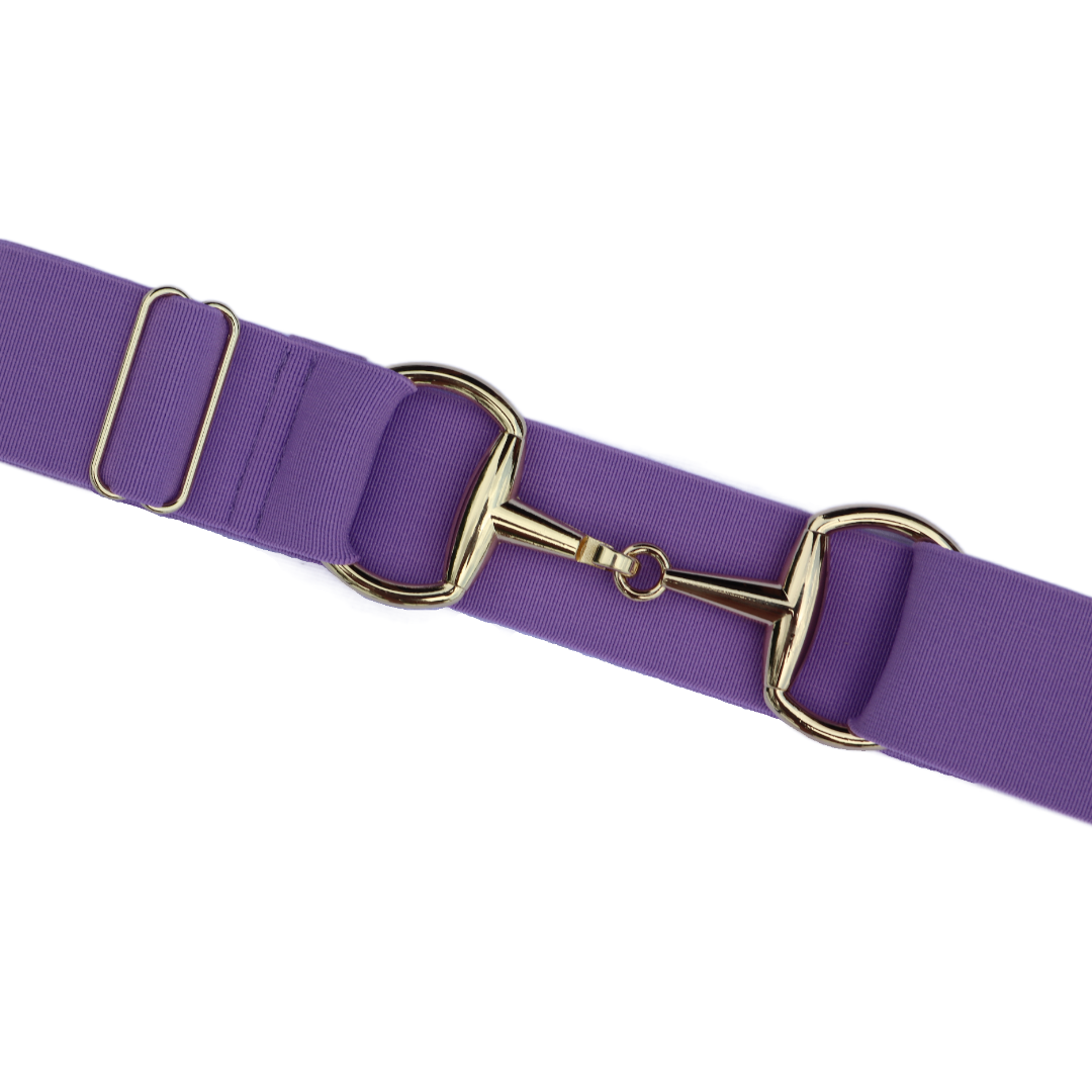 Lavender Comfort Fit Belt Gold Snaffle Zoomed In | Divine Equestrian Affordable Elastic Riding Belts