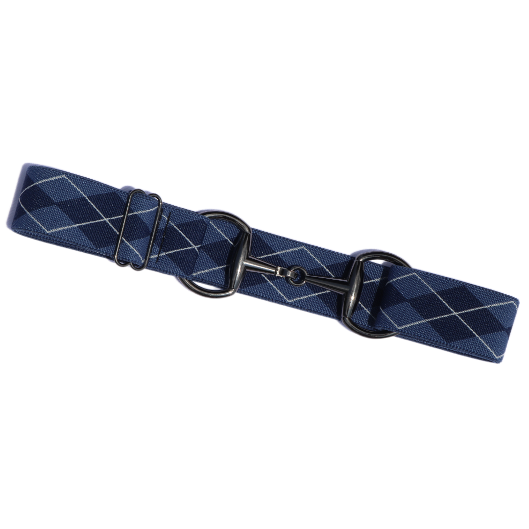 Blue Argyle Comfort Fit Belt Gunmetal Snaffle | Divine Equestrian Affordable Elastic Riding Belts