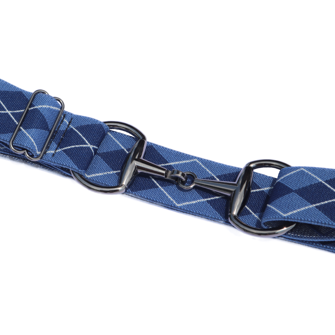 Blue Argyle Comfort Fit Belt Blue Snaffle Zoomed In | Divine Equestrian Affordable Elastic Riding Belts