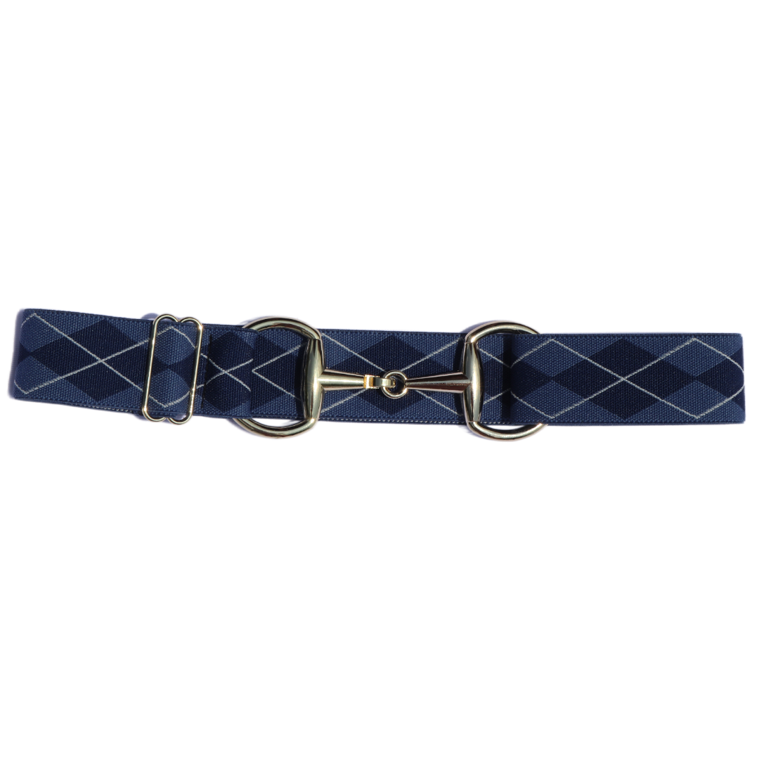 Blue Argyle Comfort Fit Belt Gold Snaffle | Divine Equestrian Affordable Elastic Riding Belts