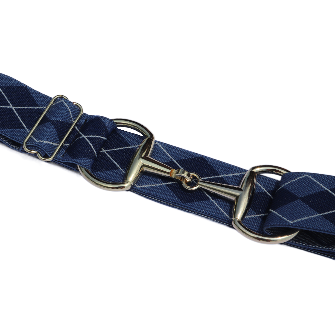 Blue Argyle Comfort Fit Belt Gold Snaffle Zoomed In | Divine Equestrian Affordable Elastic Riding Belts