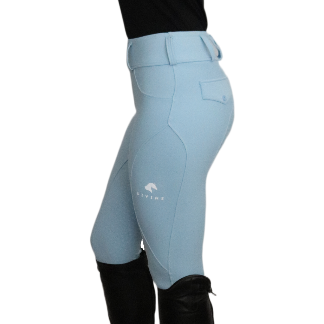 Sky Blue Comfort Grip Leggings Side View | Divine Equestrian Affordable Riding Pants