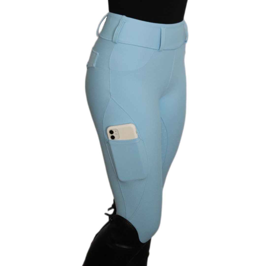 Sky Blue Comfort Grip Leggings Side View | Divine Equestrian Affordable Riding Pants