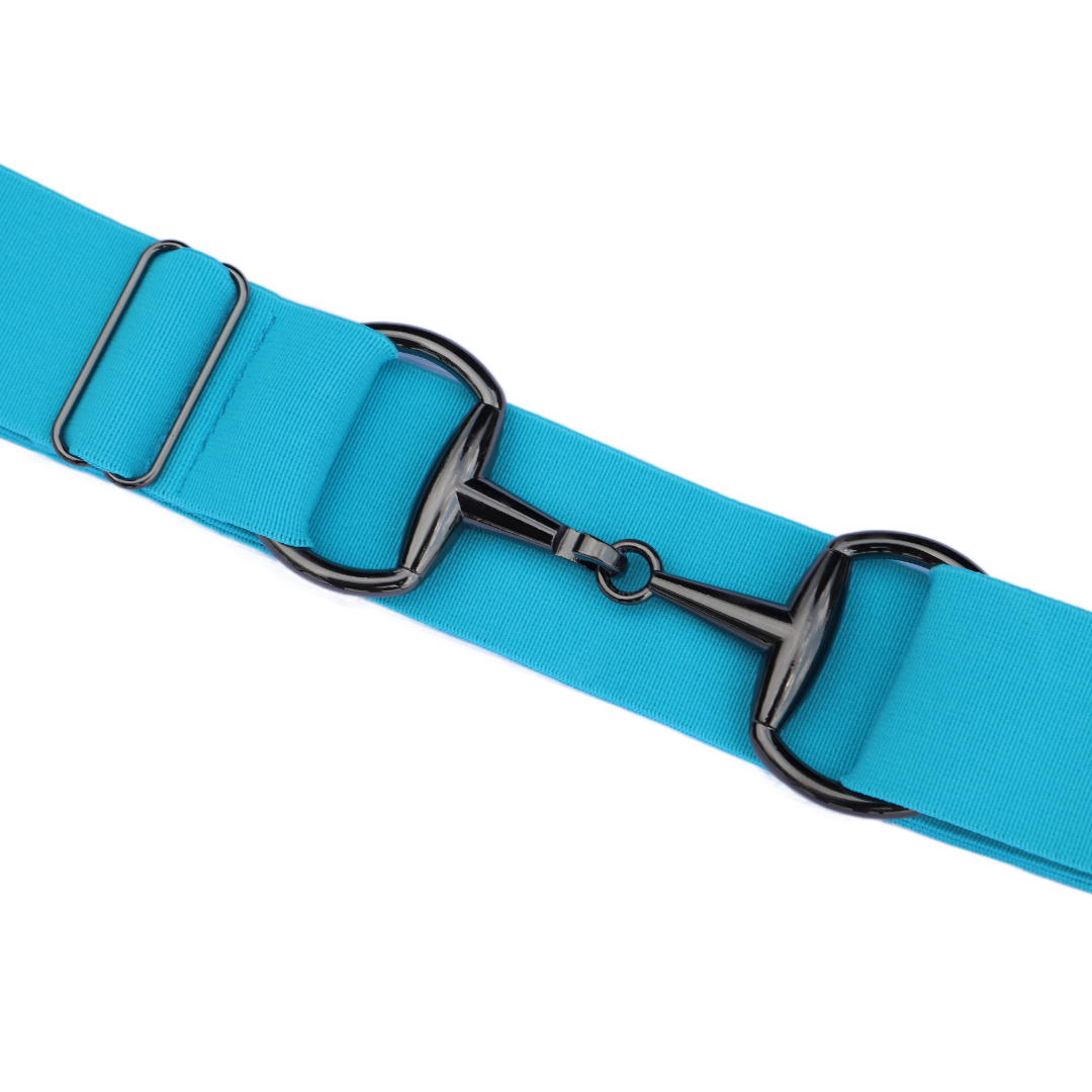 Turquoise Comfort Fit Belt Black Snaffle Zoomed In | Divine Equestrian Affordable Elastic Riding Belts