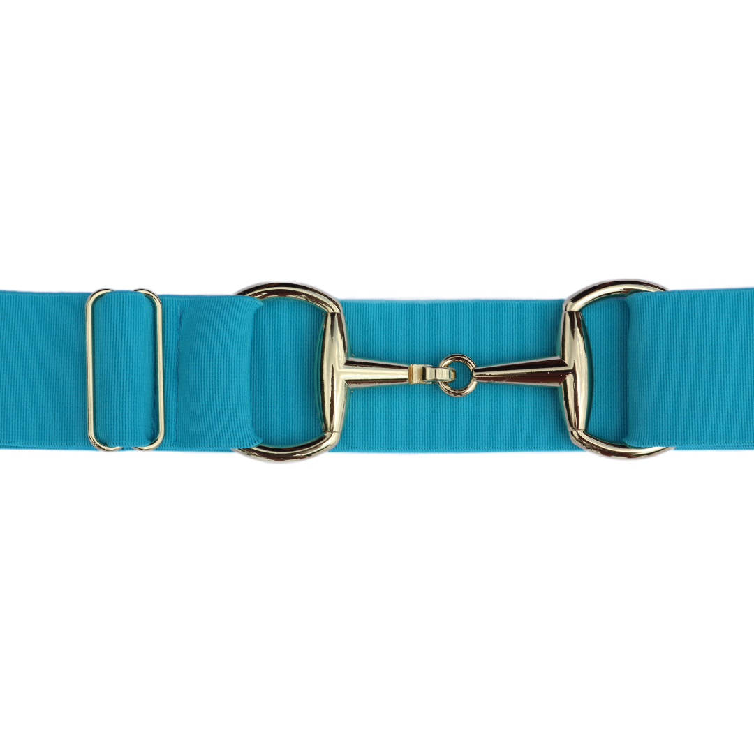 Turquoise Comfort Fit Belt Gold Snaffle Zoomed In | Divine Equestrian Affordable Elastic Riding Belts