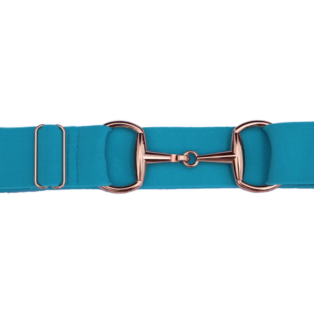 Turquoise Comfort Fit Belt Rose Gold Snaffle Zoomed In | Divine Equestrian Affordable Elastic Riding Belts