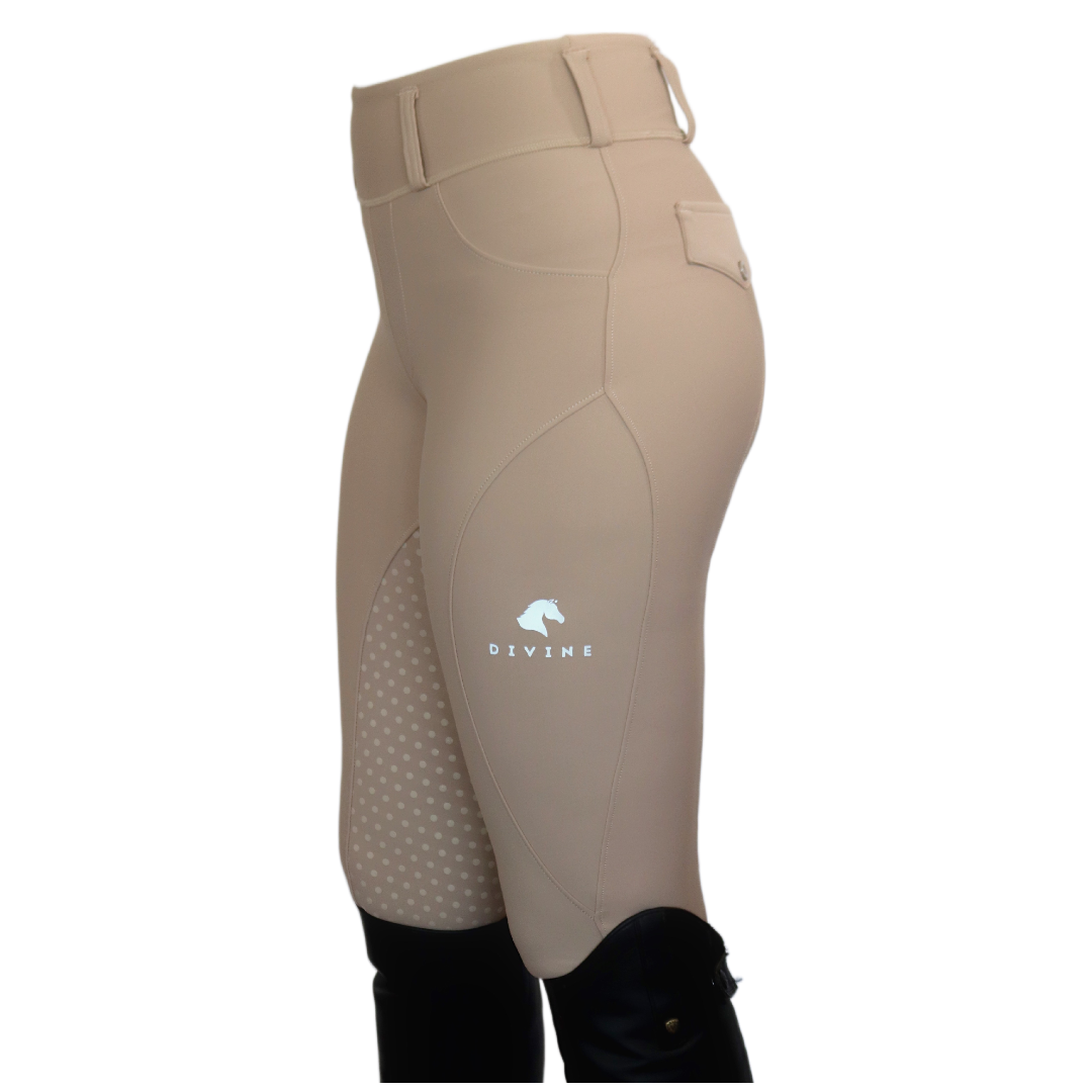 Beige Comfort Grip Leggings Side View | Divine Equestrian Affordable Riding Pants