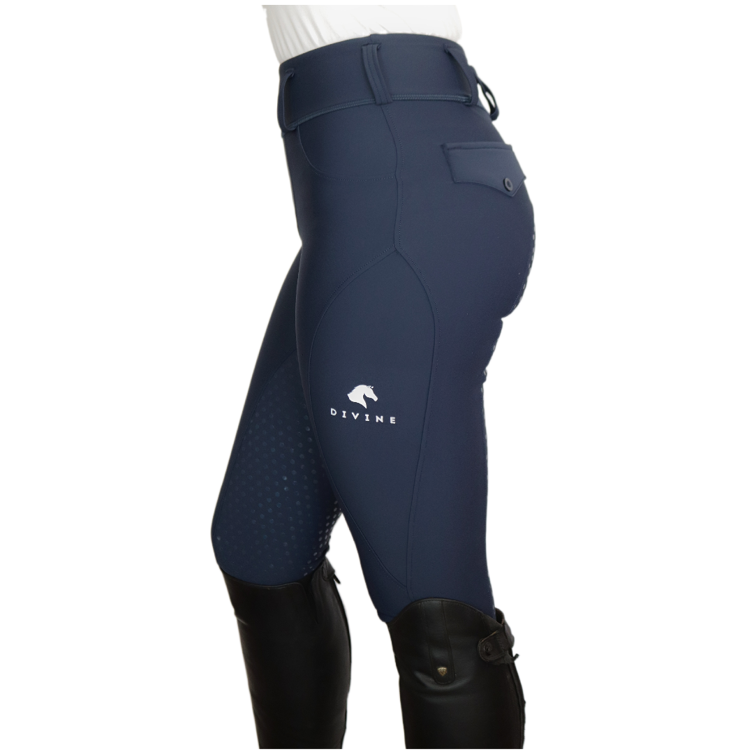Navy Comfort Grip Leggings Side View | Divine Equestrian Affordable Riding Pants