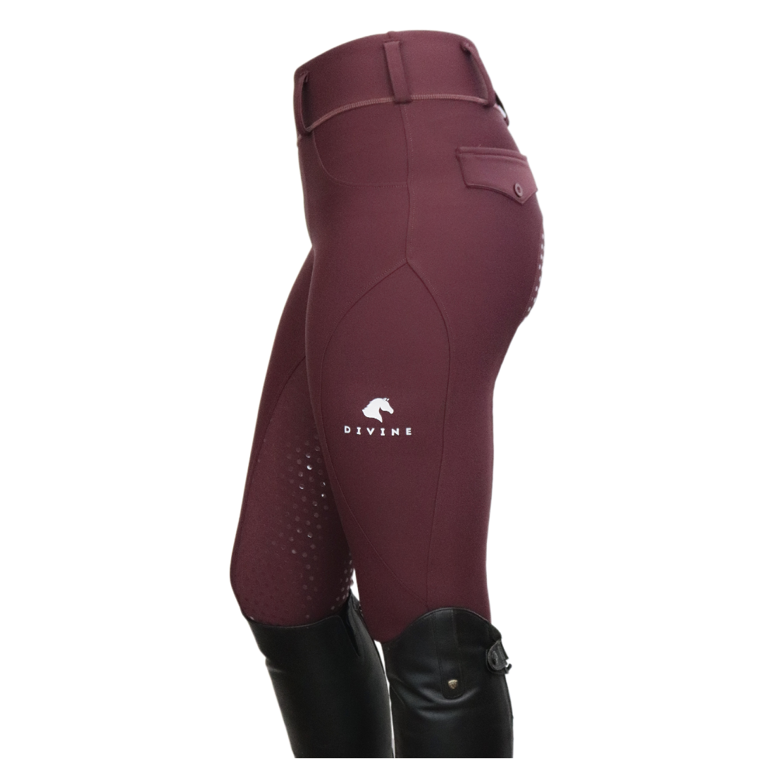 Burgundy Comfort Grip Leggings Side View | Divine Equestrian Affordable Riding Pants