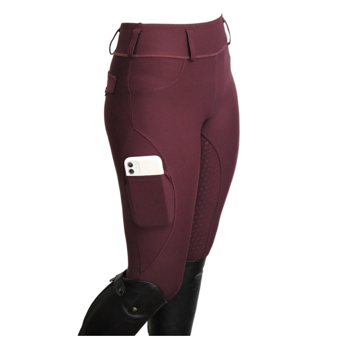 Burgundy Comfort Grip Leggings Side View | Divine Equestrian Affordable Riding Pants