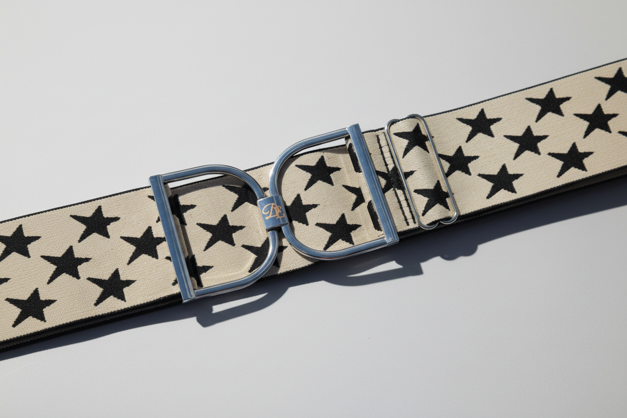 Cream with Black Stars Comfort Fit Belt Silver Stirrups | Divine Equestrian Affordable Elastic Riding Belts