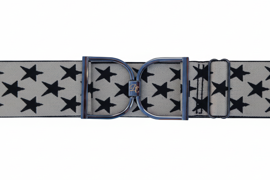 Cream with Black Stars Comfort Fit Belt Gunmetal Stirrup | Divine Equestrian Affordable Elastic Riding Belts