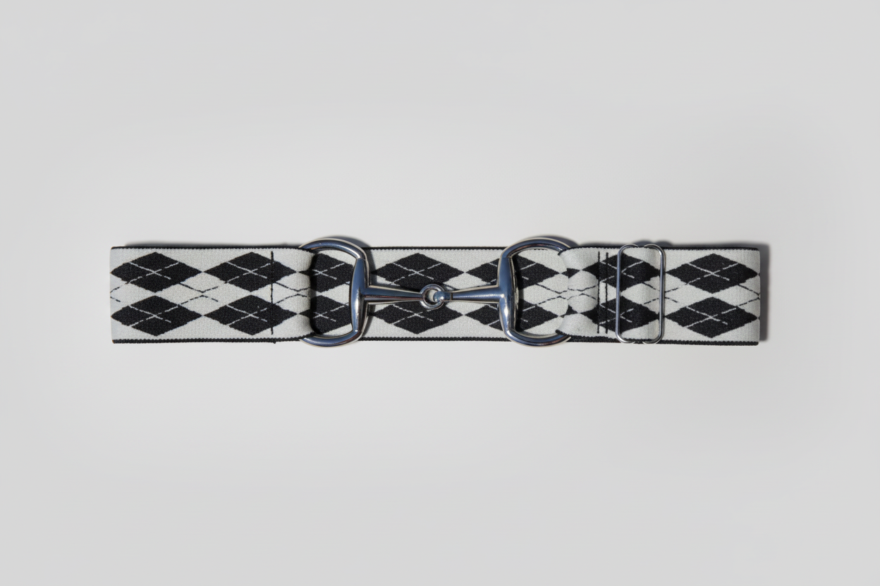 Black and white checkered belt with a silver buckle on a white background