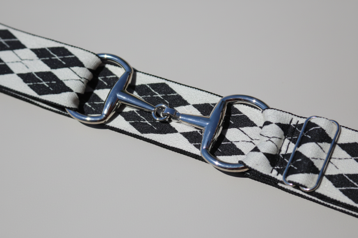 Dog collar with black and white checkered pattern and silver metal clasp on a white background