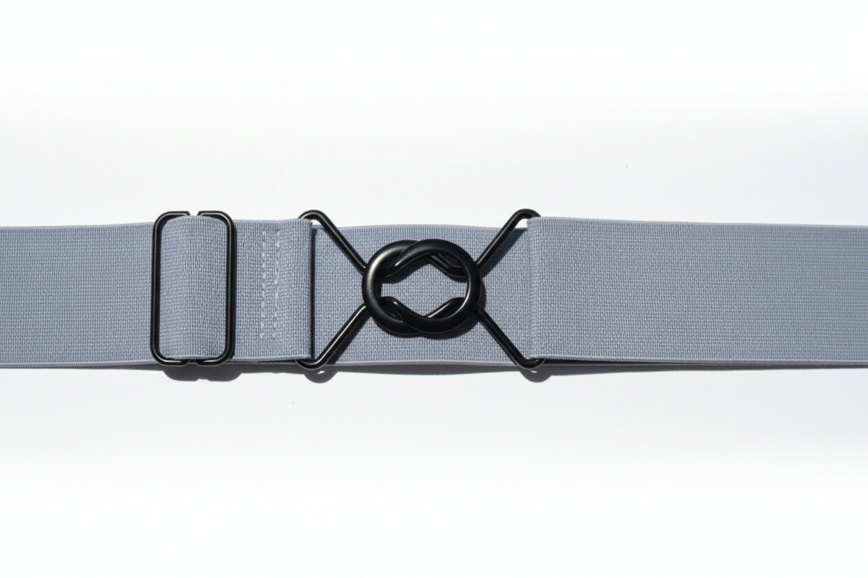 Gray belt with a silver buckle on a white background