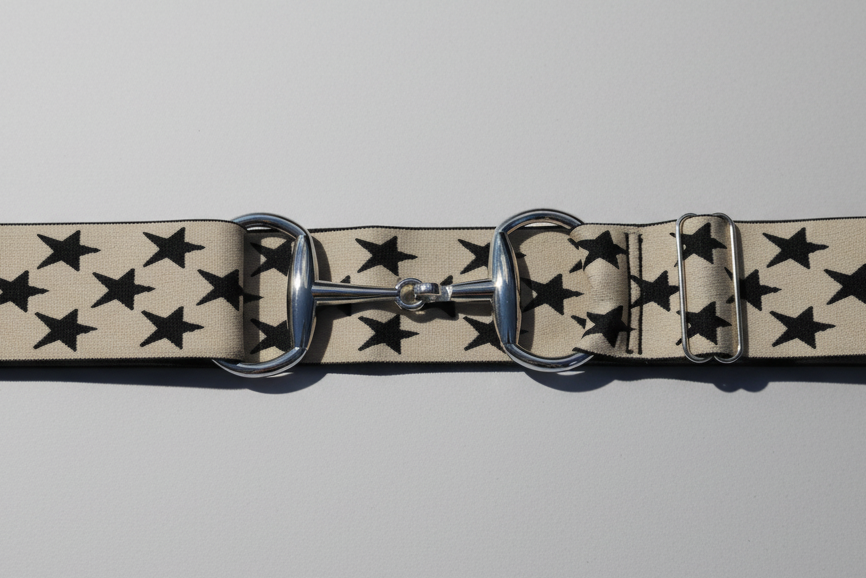 Cream with Black Stars Comfort Fit Belt Silver Snaffle | Divine Equestrian Affordable Elastic Riding Belts