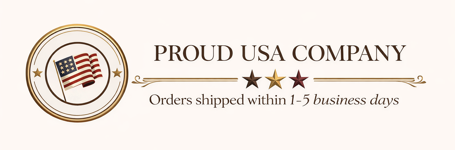 Logo of a proud USA company with an American flag and text about shipping times on a white background.