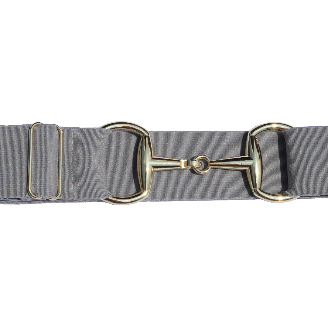 Gray Comfort Fit Belt Gold Snaffle Zoomed In | Divine Equestrian Affordable Elastic Riding Belts