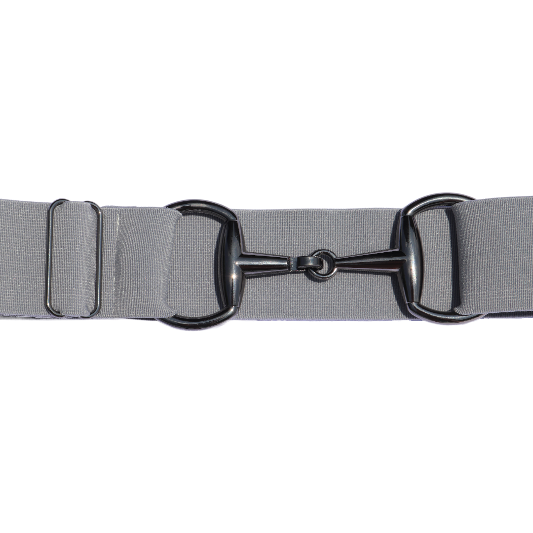 Gray Comfort Fit Belt Black Snaffle Zoomed In | Divine Equestrian Affordable Elastic Riding Belts